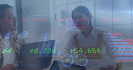 Animation of financial data over diverse creative colleagues using laptop in discussion - Powered by Adobe