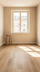 Fototapeta premium Bright, empty room with wooden floor and chair, large window offering a view of the city outside
