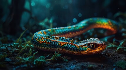Obraz premium A vibrantly colored snake with green, orange, and black scales, resting in a dark, mossy forest with a blurry background of twinkling lights.
