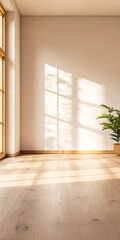 Bright and airy interior space with sunlight streaming through large windows and a potted plant