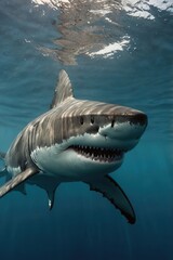 Fototapeta premium Shark swimming underwater in the ocean, focused on the marine environment
