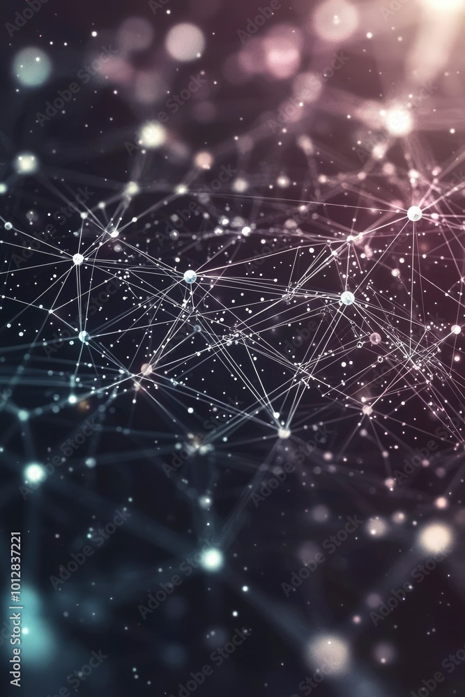 Poster abstract network of white lines and glowing circles against a dark background