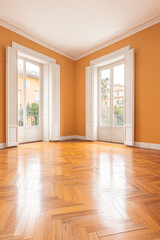 Fototapeta premium Bright and spacious room with orange walls, wooden floor, and large windows in a sunny setting