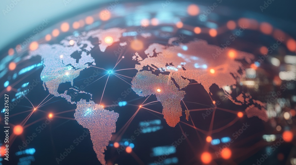Poster a digital representation of a global network with interconnected nodes and a world map.
