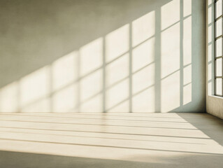 Obraz premium Soft sunlight casting geometric shadows in a serene minimalist room during midday