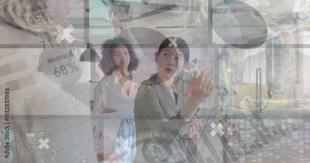 Poster animation of graphs and data processing over diverse creative colleagues brainstorming in office