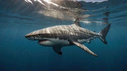 Fototapeta premium Great white shark (Carcharodon carcharias) swimming alone underwater in the sea