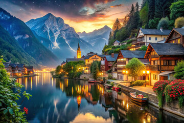 Fototapeta premium picturesque village nestled by serene lake, surrounded by majestic mountains and lush greenery. sunset casts warm glow over charming houses, creating tranquil and alluring atmosphere