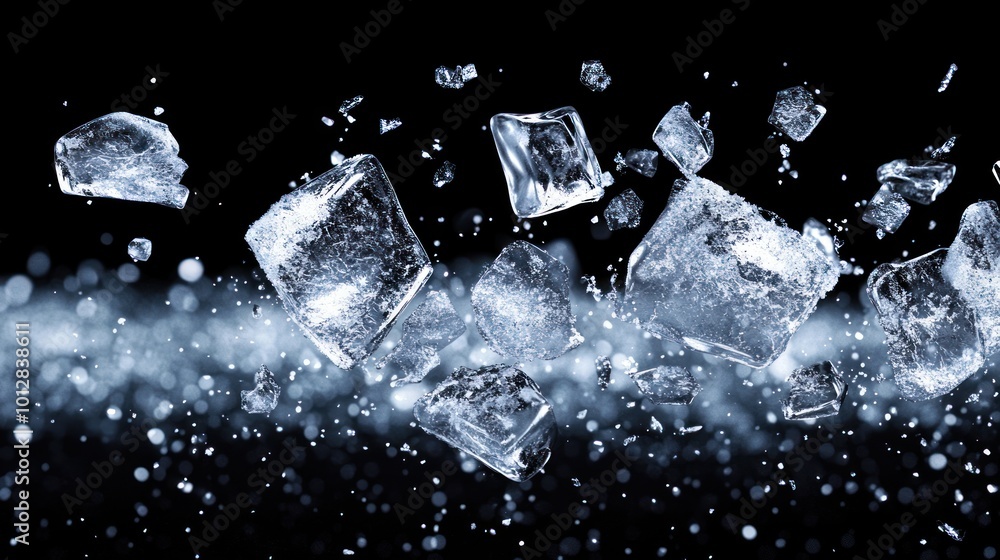 Poster ice cubes shattering in a dynamic splash against a dark background.
