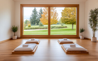 Fototapeta premium Serene retreat room with floor cushions and a view of autumn trees in a peaceful countryside setting