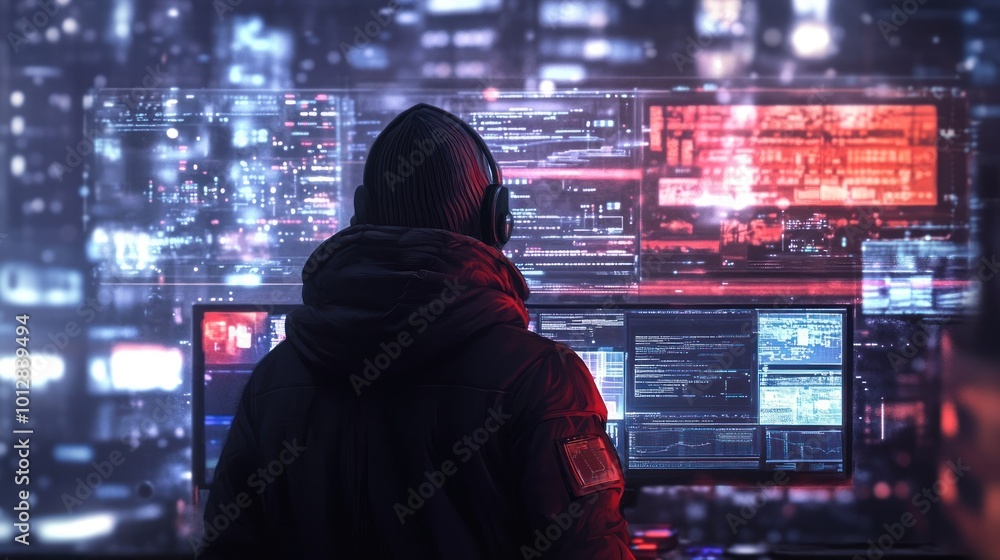 Aufkleber a hooded figure at a computer surrounded by glowing data screens in a dark environment.