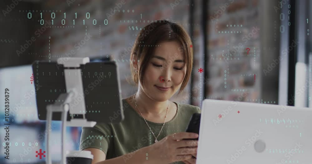 Aufkleber animation of binary coding data processing over caucasian businesswoman in office