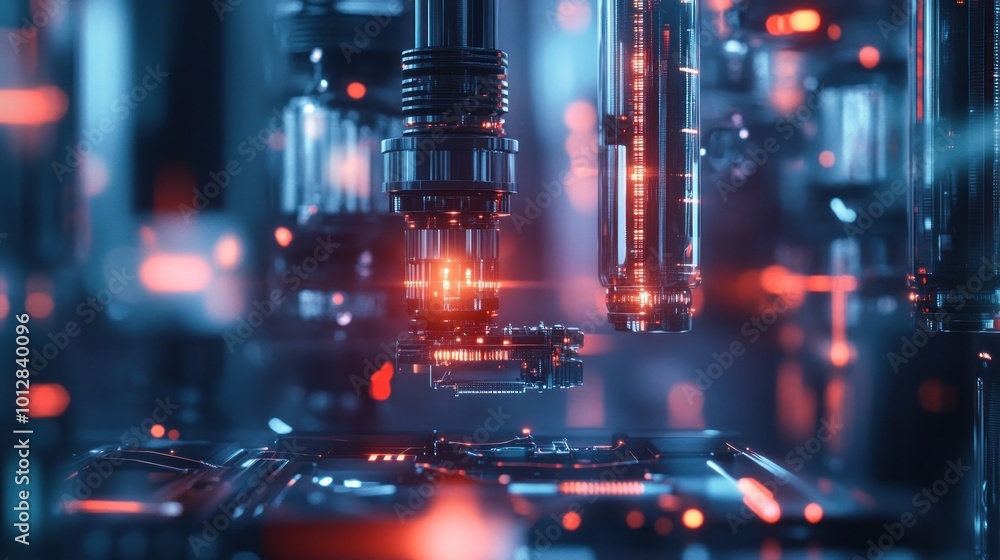 Poster futuristic machinery with glowing elements in a high-tech environment.
