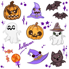 Adorable Halloween Cartoon Illustration – Featuring Bats, Ghosts, Pumpkins, and Witch Hat for Halloween Designs, Banners, Invitations, Posters, and Social Media Graphics – Fun and Cute Halloween Art