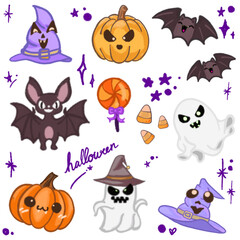 Adorable Halloween Cartoon Illustration – Featuring Bats, Ghosts, Pumpkins, and Witch Hat for Halloween Designs, Banners, Invitations, Posters, and Social Media Graphics – Fun and Cute Halloween Art
