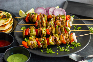 Selective focus of Succulent Hariyali Chicken Tikka Kabab, A Flavorful Blend of Herbs, Spices, and...