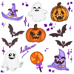Adorable Halloween Cartoon Illustration – Featuring Bats, Ghosts, Pumpkins, and Witch Hat for Halloween Designs, Banners, Invitations, Posters, and Social Media Graphics – Fun and Cute Halloween Art