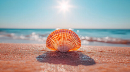 seashell lies on a tranquil beach with a vast, empty space surrounding it. The minimalistic scene symbolizes solitude, reflection, and the passage of time, inviting contemplation and peace