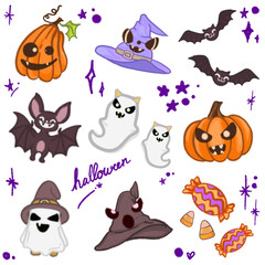 Naklejka premium Adorable Halloween Cartoon Illustration – Featuring Bats, Ghosts, Pumpkins, and Witch Hat for Halloween Designs, Banners, Invitations, Posters, and Social Media Graphics – Fun and Cute Halloween Art