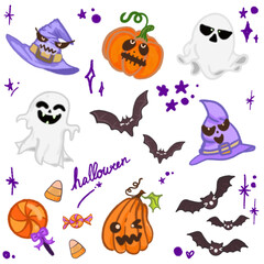 Adorable Halloween Cartoon Illustration – Featuring Bats, Ghosts, Pumpkins, and Witch Hat for Halloween Designs, Banners, Invitations, Posters, and Social Media Graphics – Fun and Cute Halloween Art