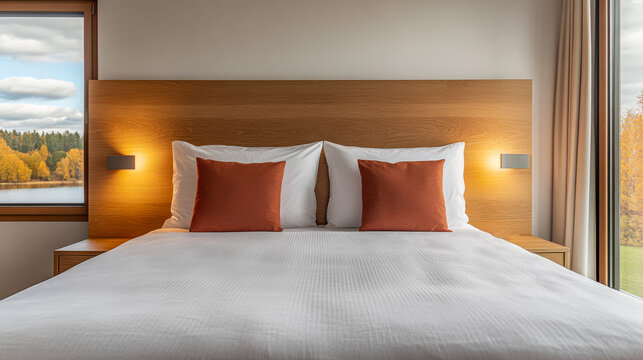 Cozy and modern hotel room with a lake view featuring a comfortable bed and warm decor