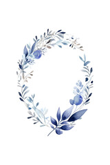 A watercolor wreath with blue leaves forms a circular frame suitable for invitations, stationery, labels, and botanical themed designs. Generative AI