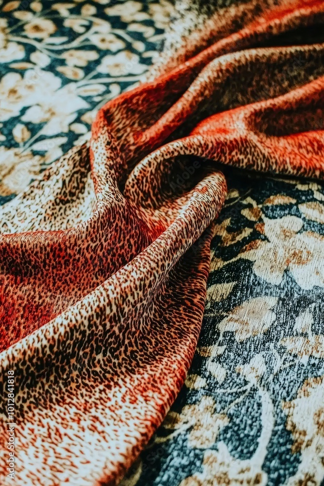 Poster a close-up of a brown and orange patterned fabric with a leopard print.