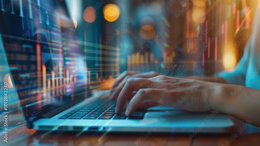 Poster hands typing on laptop with data visualization
