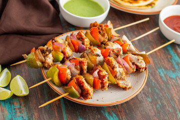 Chicken Reshmi Kabab is a succulent, marinated chicken dish, grilled to perfection, featuring a blend of spices, cream, and cashews. Selective focus.