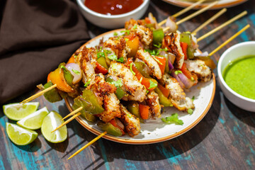 Chicken Reshmi Kabab is a succulent, marinated chicken dish, grilled to perfection, featuring a blend of spices, cream, and cashews. Selective focus.