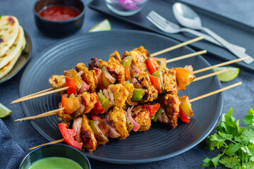 Chicken tikka kabab features marinated, grilled chicken pieces infused with spices, served on skewers, often accompanied by mint chutney and naan. Selective focus.