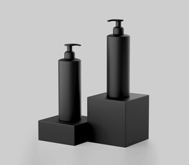 Realistic Black Shampoo Dispenser Bottle, Cosmetic Plastic Bottle, Liquid Container for Gel, Lotion, Antiseptic, Beauty Product, Isolated on Light Background, 3D Rendered, Mockup Ready.