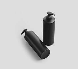 Realistic Black Shampoo Dispenser Bottle, Cosmetic Plastic Bottle, Liquid Container for Gel, Lotion, Antiseptic, Beauty Product, Isolated on Light Background, 3D Rendered, Mockup Ready.