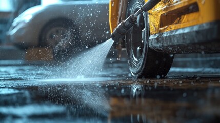 A close-up of a tire being cleaned with a pressure washer in a wet environment.