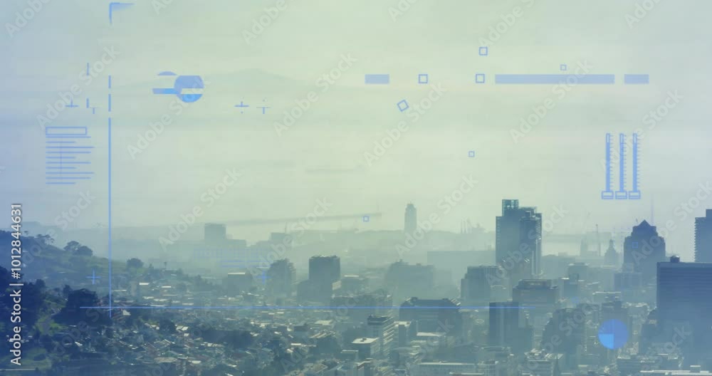 Poster animation of diagrams and data processing over cityscape