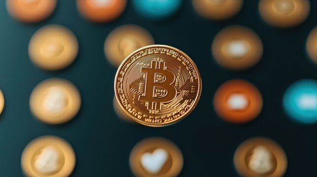 A floating coin surrounded by softly glowing social media icons, softly illuminated in natural light, peaceful, realistic, medium shot, extra space for captions.