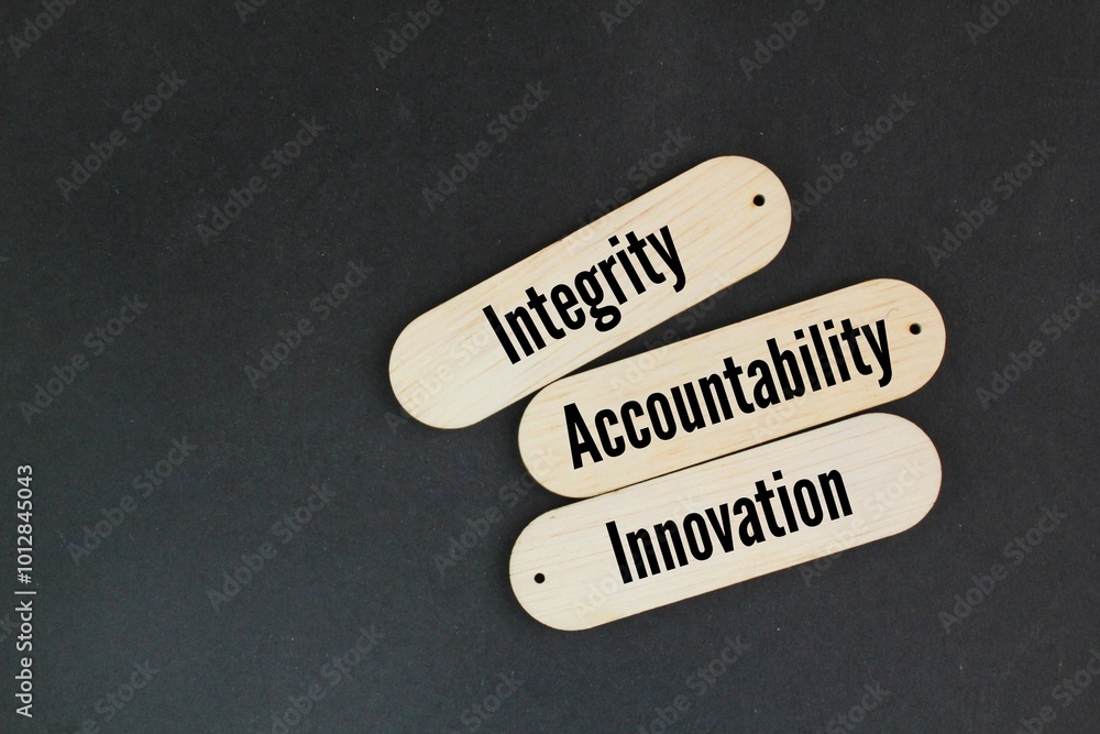 Poster wood with the words what are the three types of core values? integrity, accountability and innovatio