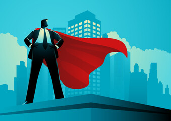 Confident businessman standing tall on a building, wearing a red cape like a superhero. The skyscrapers in the background symbolize success and ambition, ideal for themes of leadership and achievement