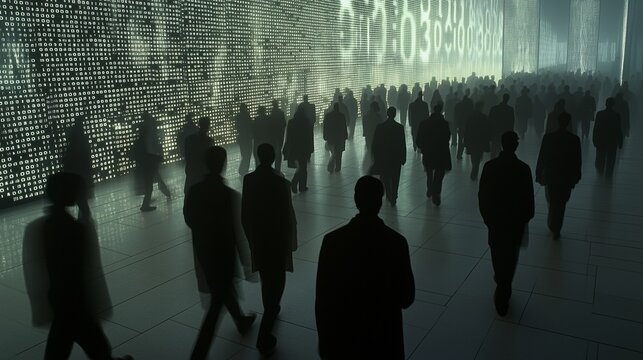 Silhouettes of businesspeople walking past digital walls with binary code in futuristic setting.
