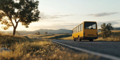 Fototapeta premium Yellow Bus on a Scenic Road at Sunset