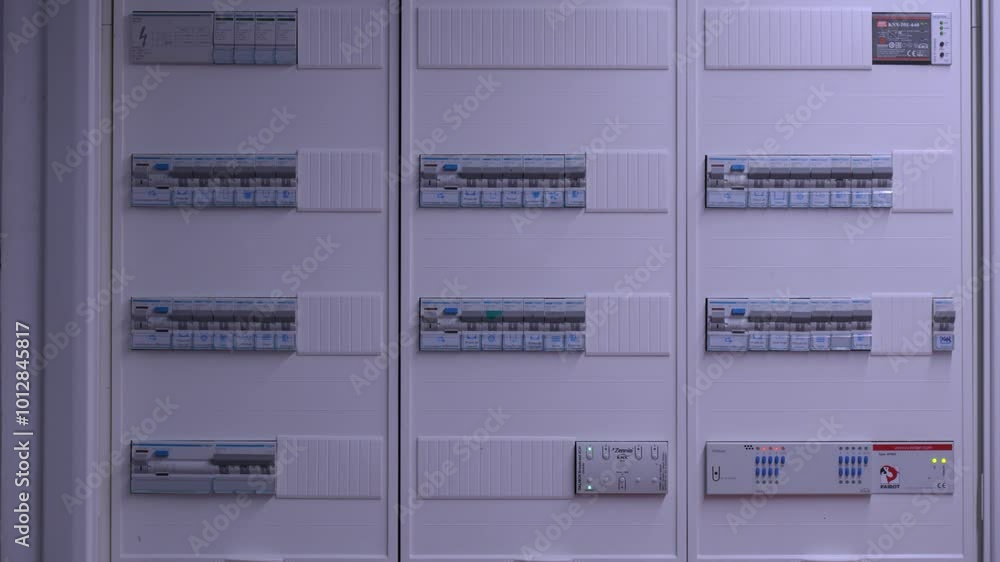 Aufkleber modern electrical panel setup featuring multiple circuit breakers and control modules in an organize