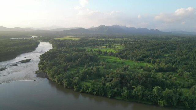 beautiful sky on dehrja river in forest drone view in palghar in maharashtra in india.