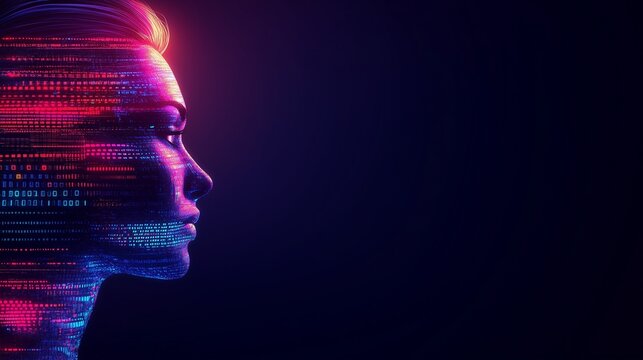 Abstract digital female profile with binary code and colorful light effects on dark background.