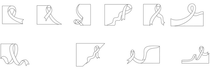 Set of outline pink ribbon designs symbolizing breast cancer awareness. The various ribbon shapes and flowing designs are set against blue backgrounds, perfect for health campaigns and support events