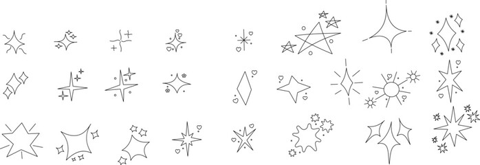 Obraz premium Set of lined various starburst and sparkle icons in soft yellow and orange hues on a white background. Each star design features unique shapes, including hearts, diamonds, and abstract twinkles. 