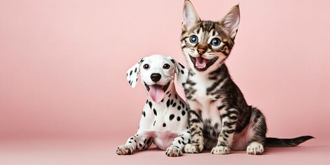 Playful dalmatian puppy and bengal kitten on a pink background.