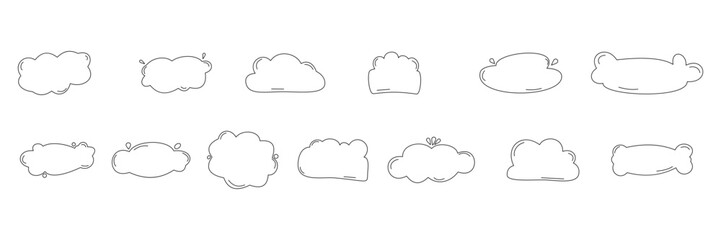 Outline set of hand-drawn, orange speech bubbles and cloud-shaped elements in various forms. Ideal for comic-style designs, dialogue boxes, or playful graphic accents.

