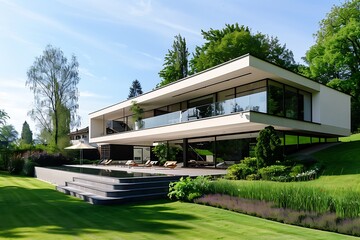 Naklejka premium Modern house exterior at night with lighted windows