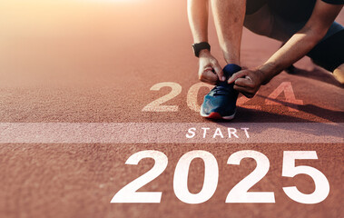 New year 2025 concept, beginning of success. Text 2025 written on asphalt road and male runner...