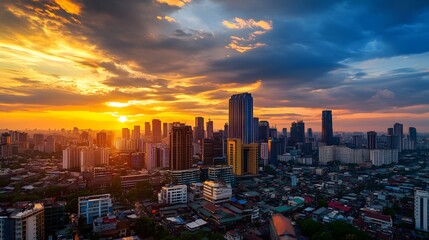 Obraz premium A stunning sunset over a bustling city skyline, with warm golden hues and reflections on skyscrapers